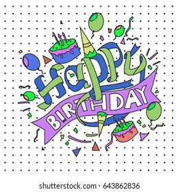 Happy Birthday typography vector design for greeting cards and poster with balloon, cake, confetti and gift box, design template for birthday celebration.