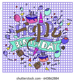 Happy Birthday typography vector design for greeting cards and poster with balloon, cake, confetti and gift box, design template for birthday celebration.