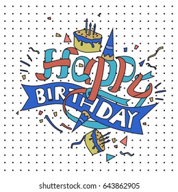 Happy Birthday typography vector design for greeting cards and poster with balloon, cake, confetti and gift box, design template for birthday celebration.