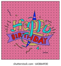 Happy Birthday typography vector design for greeting cards and poster with balloon, cake, confetti and gift box, design template for birthday celebration.