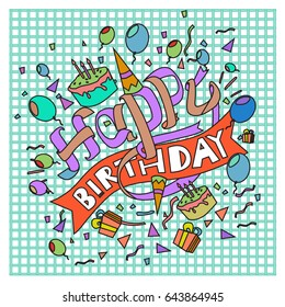 Happy Birthday typography vector design for greeting cards and poster with balloon, cake, confetti and gift box, design template for birthday celebration.