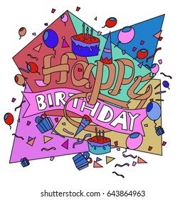 Happy Birthday typography vector design for greeting cards and poster with balloon, cake, confetti and gift box, design template for birthday celebration.