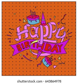 Happy Birthday typography vector design for greeting cards and poster with balloon, cake, confetti and gift box, design template for birthday celebration.