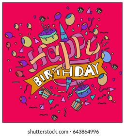 Happy Birthday typography vector design for greeting cards and poster with balloon, cake, confetti and gift box, design template for birthday celebration.