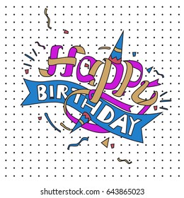 Happy Birthday typography vector design for greeting cards and poster with balloon, cake, confetti and gift box, design template for birthday celebration.
