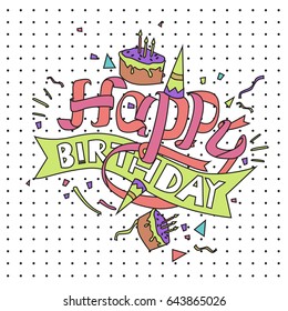 Happy Birthday typography vector design for greeting cards and poster with balloon, cake, confetti and gift box, design template for birthday celebration.