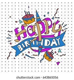 Happy Birthday typography vector design for greeting cards and poster with balloon, cake, confetti and gift box, design template for birthday celebration.