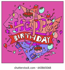 Happy Birthday typography vector design for greeting cards and poster with balloon, cake, confetti and gift box, design template for birthday celebration.