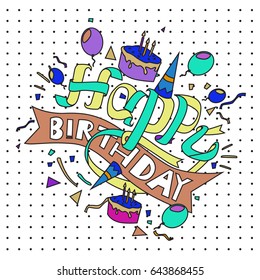 Happy Birthday typography vector design for greeting cards and poster with balloon, cake, confetti and gift box, design template for birthday celebration.