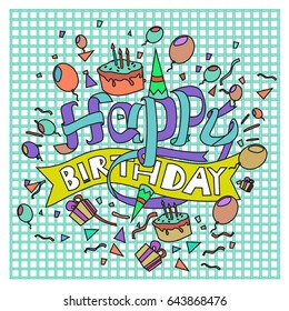 Happy Birthday typography vector design for greeting cards and poster with balloon, cake, confetti and gift box, design template for birthday celebration.