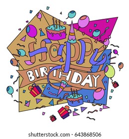 Happy Birthday typography vector design for greeting cards and poster with balloon, cake, confetti and gift box, design template for birthday celebration.
