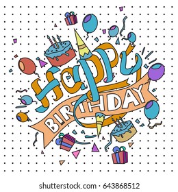 Happy Birthday typography vector design for greeting cards and poster with balloon, cake, confetti and gift box, design template for birthday celebration.