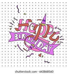 Happy Birthday typography vector design for greeting cards and poster with balloon, cake, confetti and gift box, design template for birthday celebration.