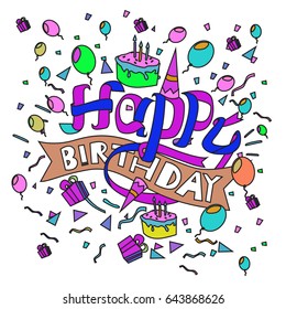 Happy Birthday typography vector design for greeting cards and poster with balloon, cake, confetti and gift box, design template for birthday celebration.