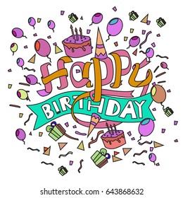 Happy Birthday typography vector design for greeting cards and poster with balloon, cake, confetti and gift box, design template for birthday celebration.