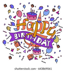 Happy Birthday typography vector design for greeting cards and poster with balloon, cake, confetti and gift box, design template for birthday celebration.
