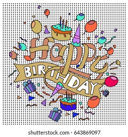 Happy Birthday typography vector design for greeting cards and poster with balloon, cake, confetti and gift box, design template for birthday celebration.