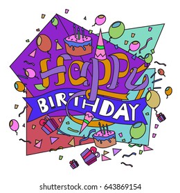 Happy Birthday typography vector design for greeting cards and poster with balloon, cake, confetti and gift box, design template for birthday celebration.