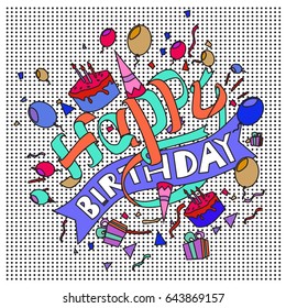 Happy Birthday typography vector design for greeting cards and poster with balloon, cake, confetti and gift box, design template for birthday celebration.