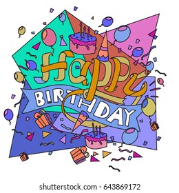 Happy Birthday typography vector design for greeting cards and poster with balloon, cake, confetti and gift box, design template for birthday celebration.