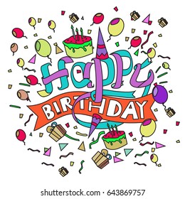 Happy Birthday typography vector design for greeting cards and poster with balloon, cake, confetti and gift box, design template for birthday celebration.