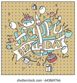 Happy Birthday typography vector design for greeting cards and poster with balloon, cake, confetti and gift box, design template for birthday celebration.