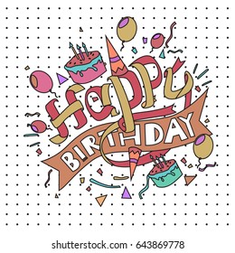 Happy Birthday typography vector design for greeting cards and poster with balloon, cake, confetti and gift box, design template for birthday celebration.