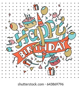 Happy Birthday typography vector design for greeting cards and poster with balloon, cake, confetti and gift box, design template for birthday celebration.