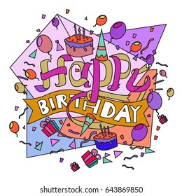 Happy Birthday typography vector design for greeting cards and poster with balloon, cake, confetti and gift box, design template for birthday celebration.