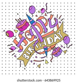 Happy Birthday typography vector design for greeting cards and poster with balloon, cake, confetti and gift box, design template for birthday celebration.