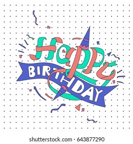 Happy Birthday typography vector design for greeting cards and poster with balloon, cake, confetti and gift box, design template for birthday celebration.