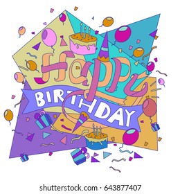 Happy Birthday typography vector design for greeting cards and poster with balloon, cake, confetti and gift box, design template for birthday celebration.
