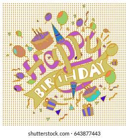Happy Birthday typography vector design for greeting cards and poster with balloon, cake, confetti and gift box, design template for birthday celebration.