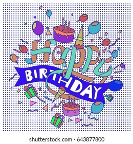 Happy Birthday typography vector design for greeting cards and poster with balloon, cake, confetti and gift box, design template for birthday celebration.