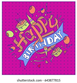 Happy Birthday typography vector design for greeting cards and poster with balloon, cake, confetti and gift box, design template for birthday celebration.