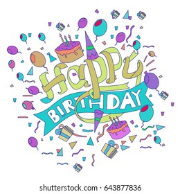 Happy Birthday typography vector design for greeting cards and poster with balloon, cake, confetti and gift box, design template for birthday celebration.