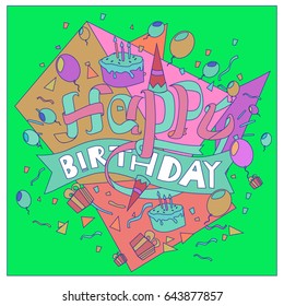 Happy Birthday typography vector design for greeting cards and poster with balloon, cake, confetti and gift box, design template for birthday celebration.