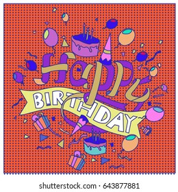 Happy Birthday typography vector design for greeting cards and poster with balloon, cake, confetti and gift box, design template for birthday celebration.