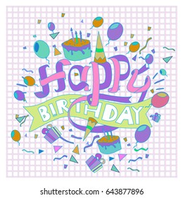 Happy Birthday typography vector design for greeting cards and poster with balloon, cake, confetti and gift box, design template for birthday celebration.