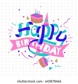 Happy Birthday typography vector design for greeting cards and poster with balloon, cake, confetti and gift box, design template for birthday celebration.