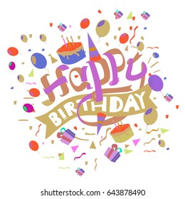 Happy Birthday typography vector design for greeting cards and poster with balloon, cake, confetti and gift box, design template for birthday celebration.