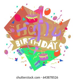 Happy Birthday typography vector design for greeting cards and poster with balloon, cake, confetti and gift box, design template for birthday celebration.