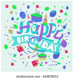 Happy Birthday typography vector design for greeting cards and poster with balloon, cake, confetti and gift box, design template for birthday celebration.