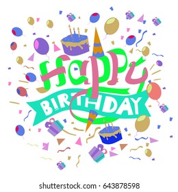 Happy Birthday typography vector design for greeting cards and poster with balloon, cake, confetti and gift box, design template for birthday celebration.