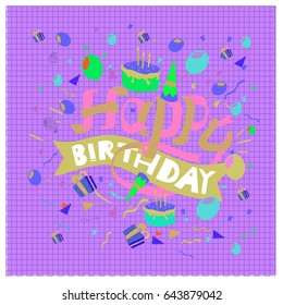 Happy Birthday typography vector design for greeting cards and poster with balloon, cake, confetti and gift box, design template for birthday celebration.