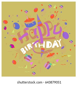Happy Birthday typography vector design for greeting cards and poster with balloon, cake, confetti and gift box, design template for birthday celebration.
