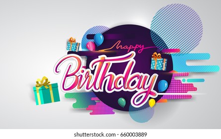 Happy Birthday typography vector design for greeting cards and poster with balloon, confetti and gift box, design template for birthday celebration.