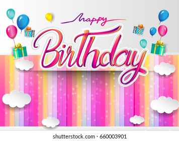 Happy Birthday typography vector design for greeting cards and poster with balloon, confetti and gift box, design template for birthday celebration.