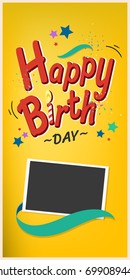 Happy Birthday typography vector design for greeting cards and poster with candle, confetti and photo frame, design template for birthday celebration.