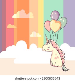 Happy birthday unicorn with air balloons on rainbow background. Cute cartoon character little horse in entertaiment card design. Kawaii fairy animal with horn. Vector illustration for baby shower